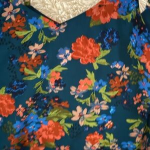 CAbi Teal and Coral Floral Blouse